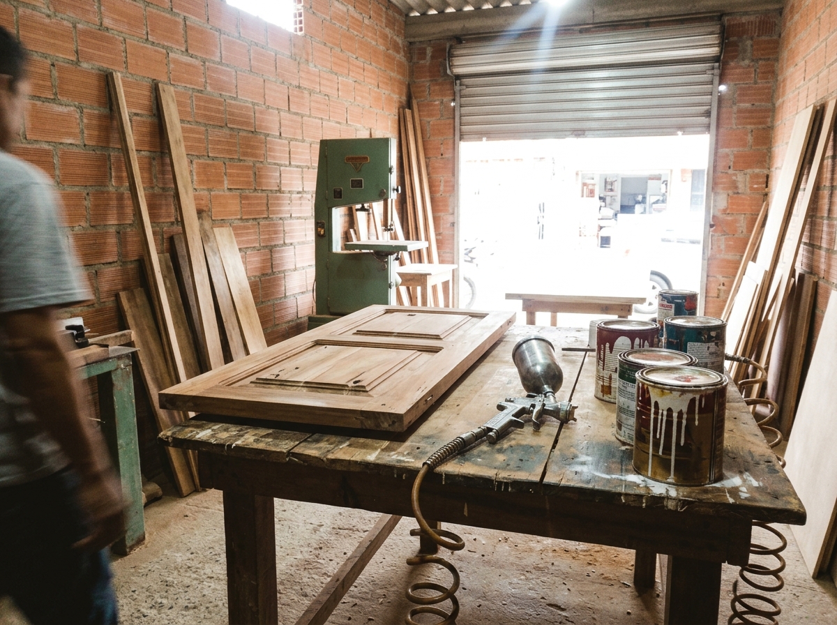 Taller de carpintería y acabados con herramientas y banco de trabajo